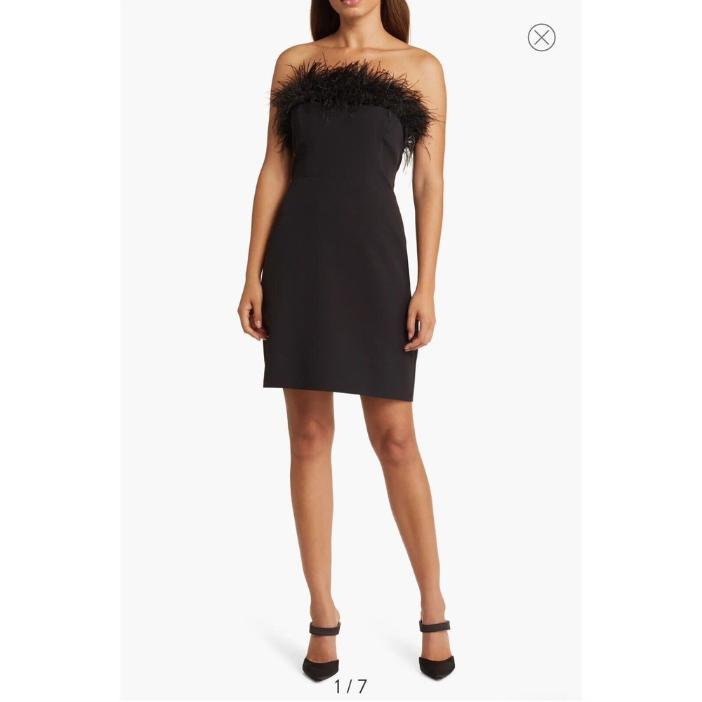NWT Sam Edelman Feather Trim Sheath Strapless Minidress Women’s Size 10 Black